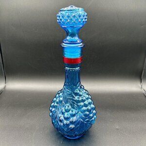 Vintage Imperial Bold Blue Glass Decanter withGrape Pattern Genie Bottle